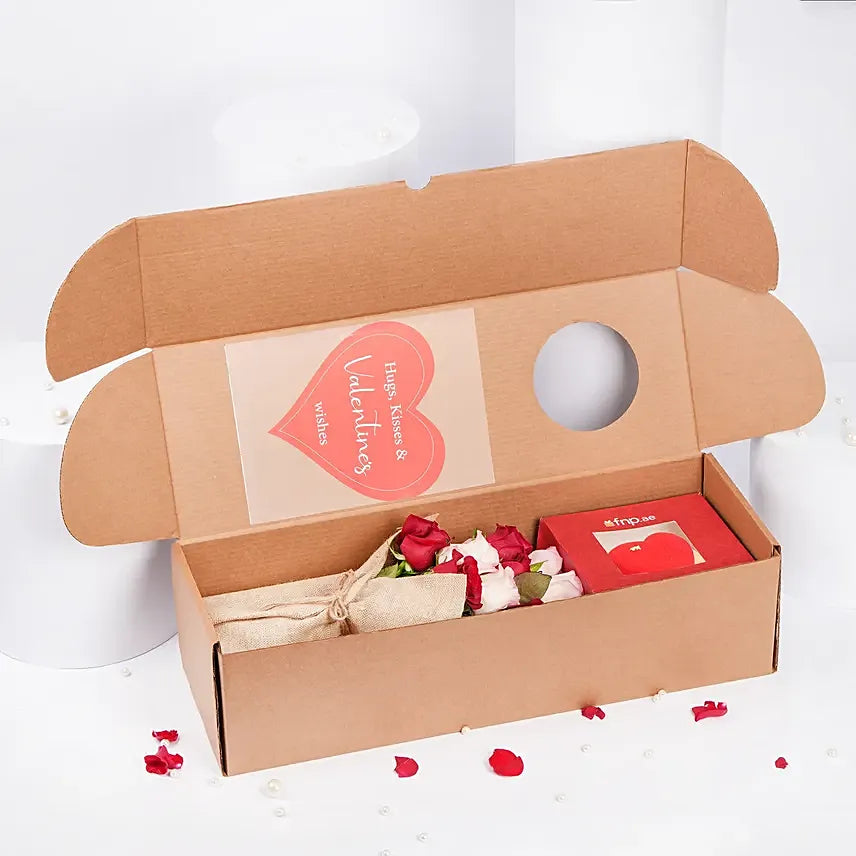 Red and Pink Roses with Cake in a Box