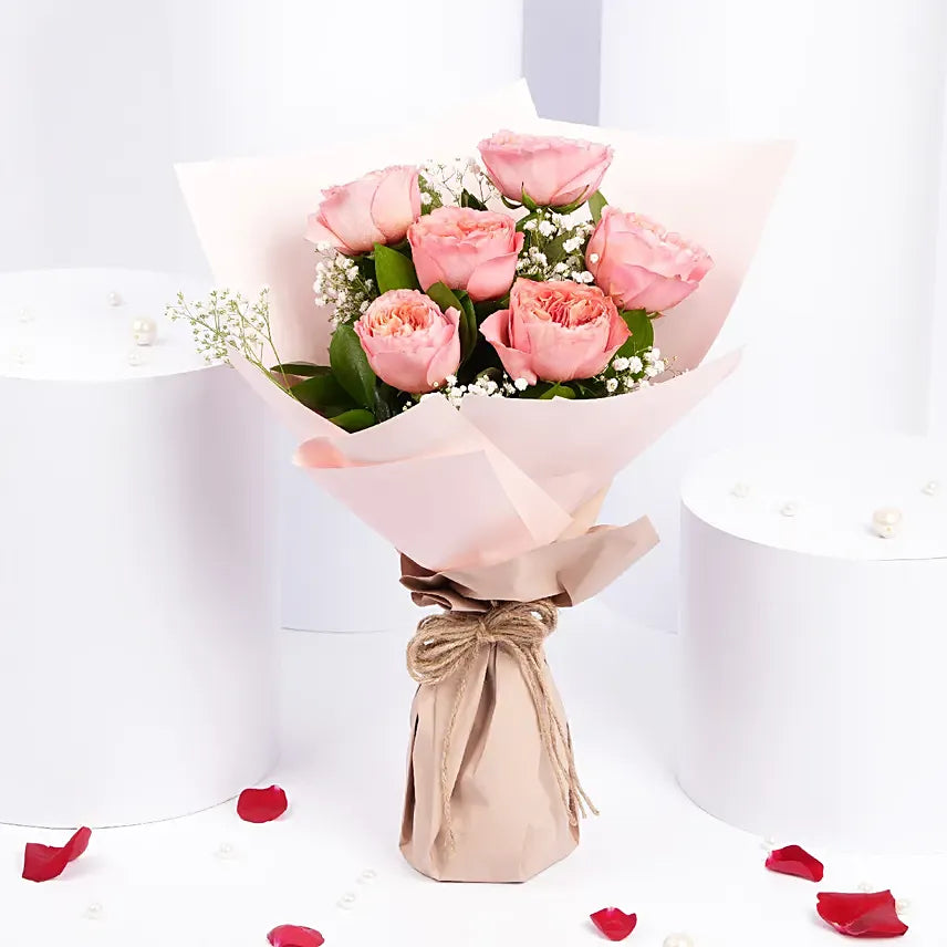 6 Pink Garden Roses Premium Bouquet