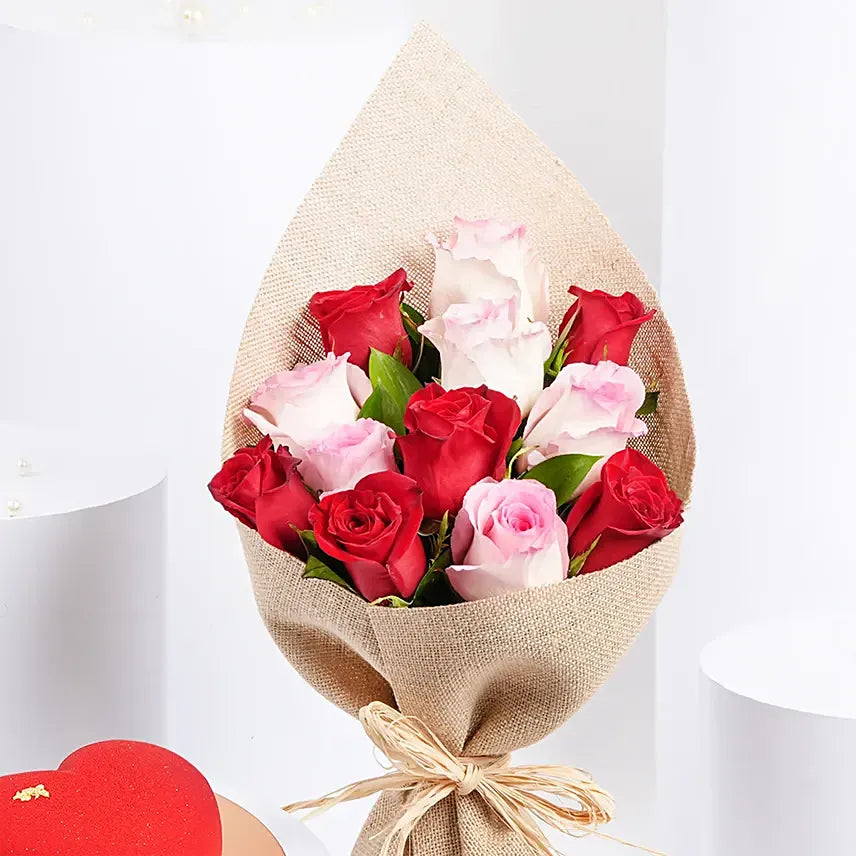 6 Pink 6 Red Roses Warmth Bouquet With Cake